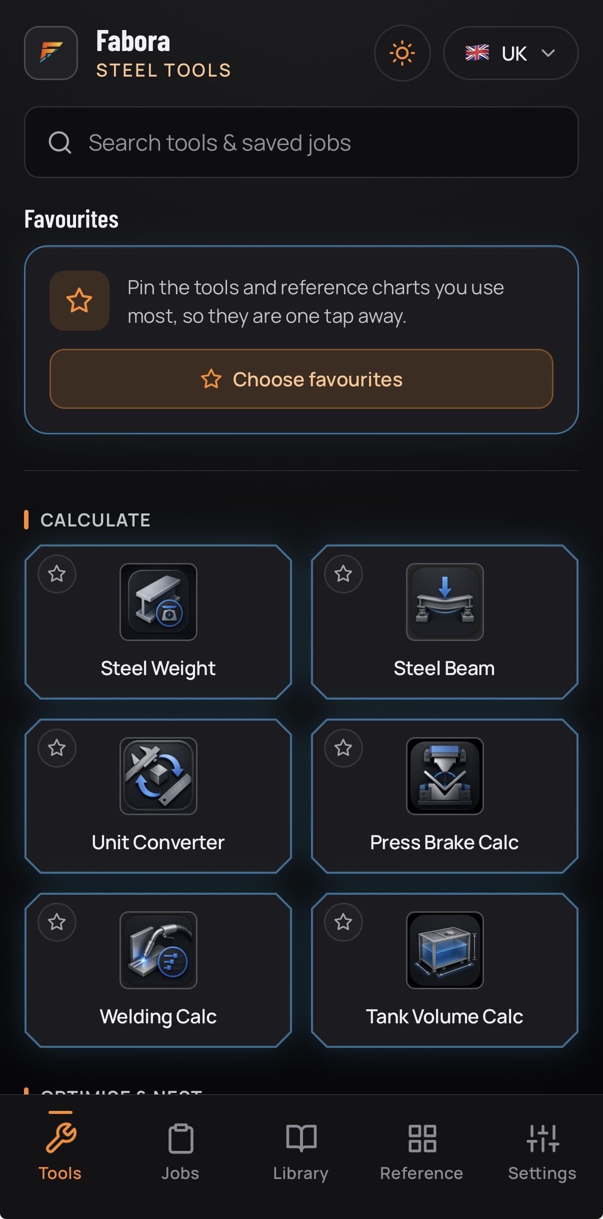 Fabora Steel Tools home screen with the calculator list: steel weight, steel beam, unit converter, press brake, welding and tank volume
