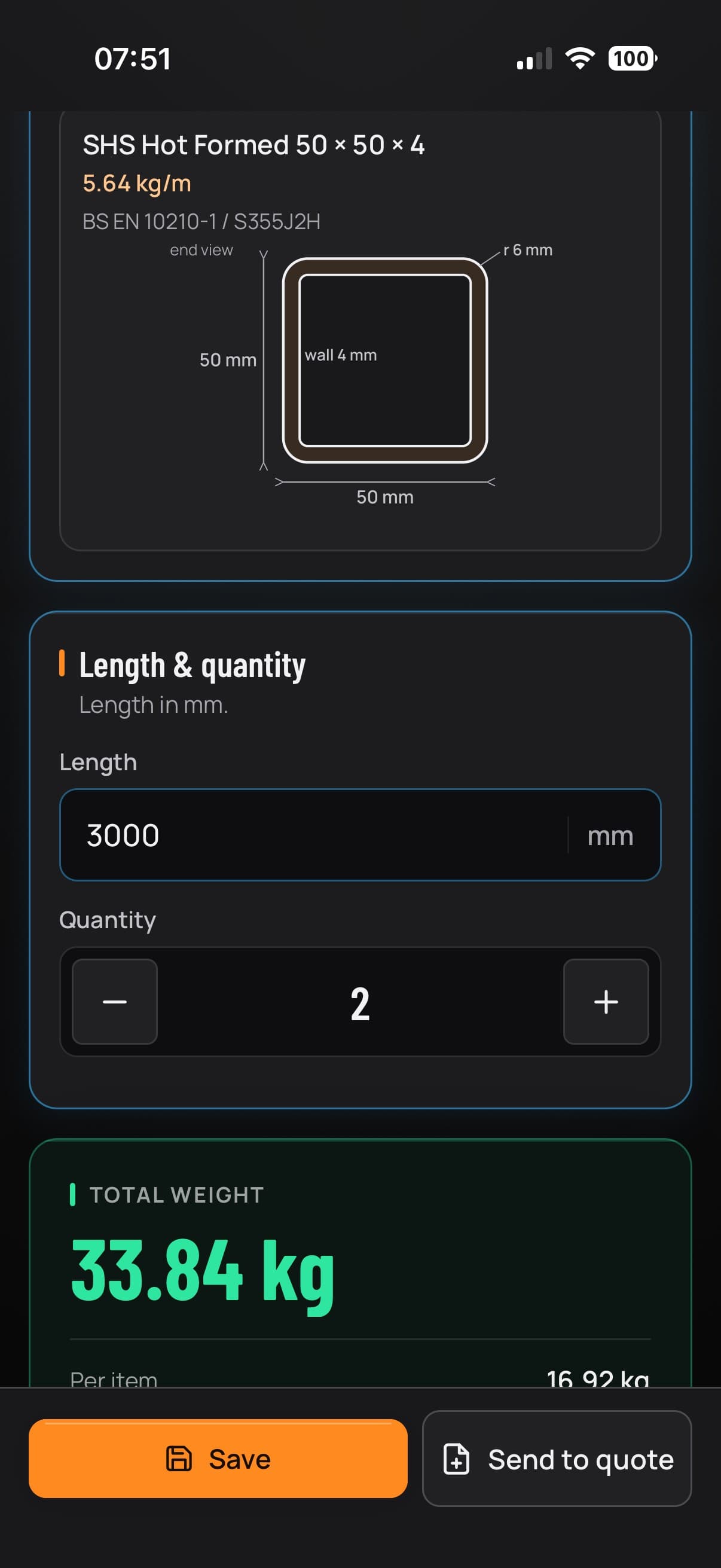 Fabora Steel Tools steel weight calculator with a box section, its length and quantity, and the total weight